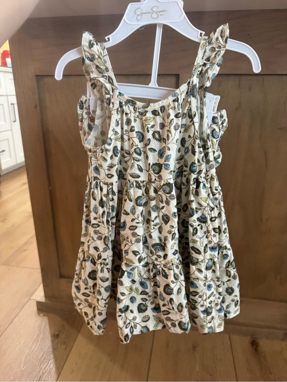 Sleeveless Floral Tiered Kids Dress - Cream with Blue & Green